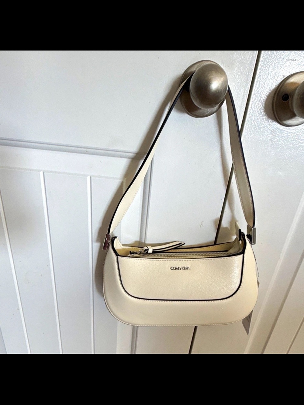 Calvin Klein Cream Shoulder Bag with Black Piping
